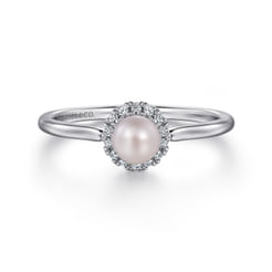 Promise Ring - 14K White Gold Pearl Ring with Diamond Halo