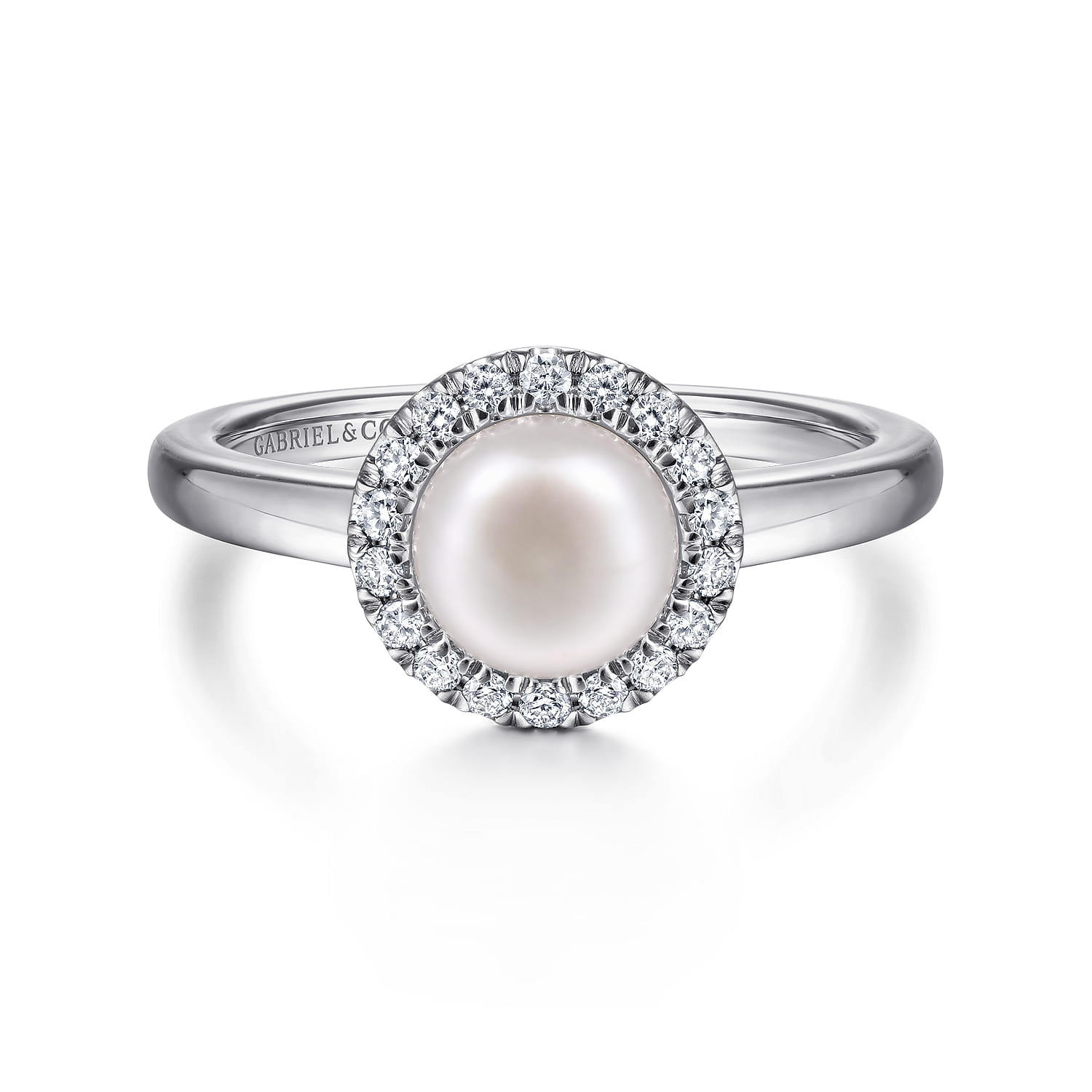 Promise Ring - 14K White Gold Pearl and Diamond Halo Promise Ring - 0.14 ct - Shot 1