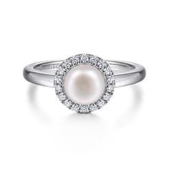 Promise Ring - 14K White Gold Pearl and Diamond Halo Promise Ring