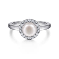 Promise Ring - 14K White Gold Pearl and Diamond Halo Promise Ring