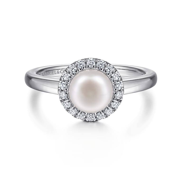 Promise Ring - 14K White Gold Pearl and Diamond Halo Promise Ring - 0.14 ct - Shot 1