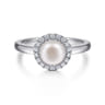 Promise Ring - 14K White Gold Pearl and Diamond Halo Promise Ring - 0.14 ct