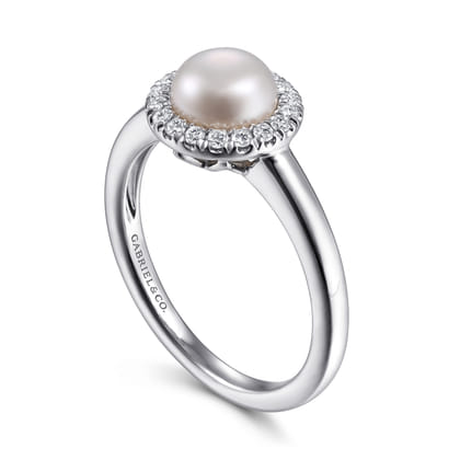 Promise Ring - 14K White Gold Pearl and Diamond Halo Promise Ring