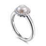 Promise Ring - 14K White Gold Pearl and Diamond Halo Promise Ring - 0.14 ct