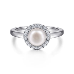 Promise Ring - 14K White Gold Pearl and Diamond Halo Ring