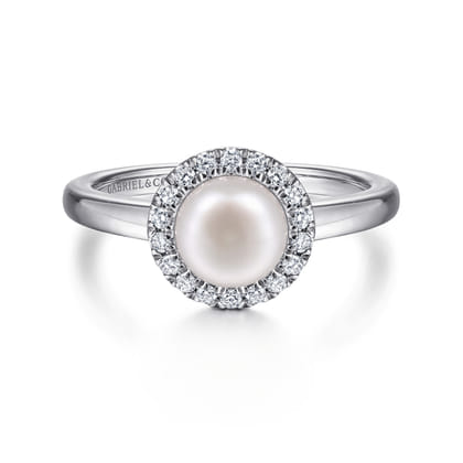 Promise Ring - 14K White Gold Pearl and Diamond Halo Ring