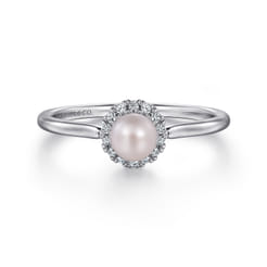 Promise Ring - 14K White Gold Pearl with Diamond Halo Promise Ring