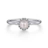 Promise Ring - 14K White Gold Pearl with Diamond Halo Promise Ring
