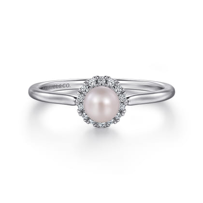 Promise Ring - 14K White Gold Pearl with Diamond Halo Promise Ring