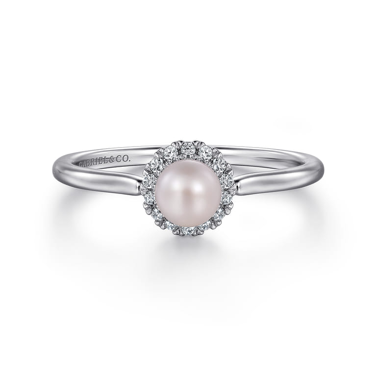 Promise Ring - 14K White Gold Pearl with Diamond Halo Promise Ring - 0.07 ct - Shot 1