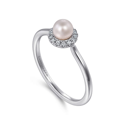 Promise Ring - 14K White Gold Pearl with Diamond Halo Promise Ring
