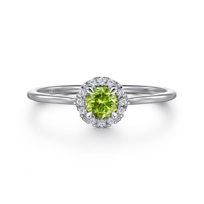 Promise Ring - 14K White Gold Peridot and Diamond Halo Promise Ring