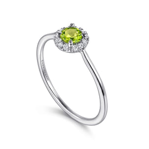 Promise Ring - 14K White Gold Peridot and Diamond Halo Promise Ring
