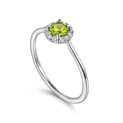 Promise Ring - 14K White Gold Peridot and Diamond Halo Promise Ring