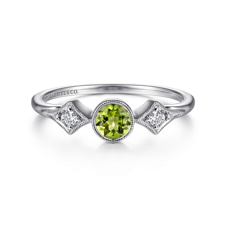 Promise Ring - 14K White Gold Peridot and Diamond Promise Ring - 0.05 ct - Shot 1