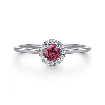 Promise Ring - 14K White Gold Pink Tourmaline and Diamond Halo Promise Ring