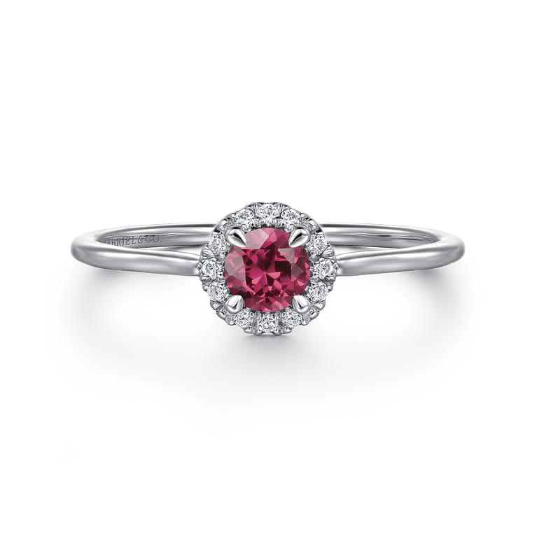 Promise Ring - 14K White Gold Pink Tourmaline and Diamond Halo Promise Ring - 0.06 ct - Shot 1
