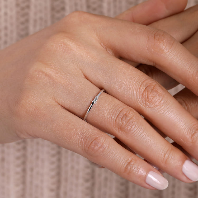 Promise Ring - 14K White Gold Promise Ring with Diamond Baguette