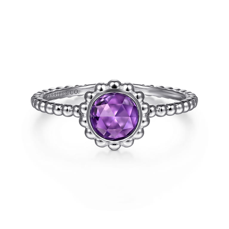 Promise Ring - 14K White Gold Round Amethyst Bujukan Beaded Promise Ring - Shot 1