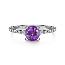 Promise Ring - 14K White Gold Round Amethyst and Diamond Bujukan Ring