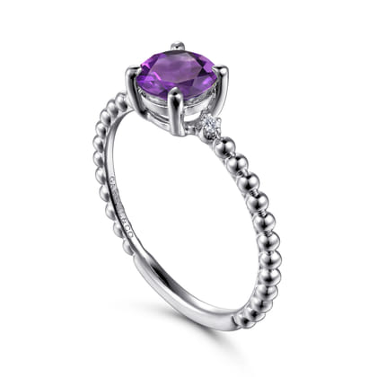 Promise Ring - 14K White Gold Round Amethyst and Diamond Bujukan Ring