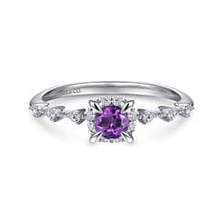 Promise Ring - 14K White Gold Round Amethyst and Diamond Halo Promise Ring