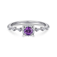 Promise Ring - 14K White Gold Round Amethyst and Diamond Halo Promise Ring