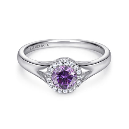 Promise Ring - 14K White Gold Round Amethyst and Diamond Halo Promise Ring