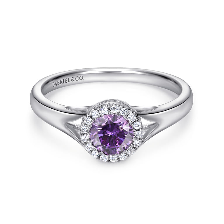 Promise Ring - 14K White Gold Round Amethyst and Diamond Halo Promise Ring - 0.06 ct - Shot 1
