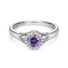 Promise Ring - 14K White Gold Round Amethyst and Diamond Halo Promise Ring - 0.06 ct