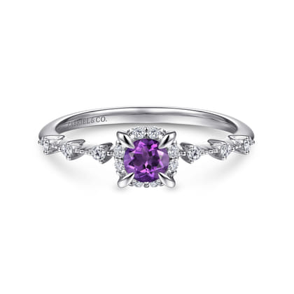 Promise Ring - 14K White Gold Round Amethyst and Diamond Halo Ring