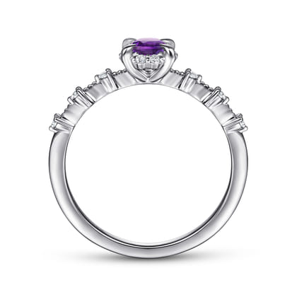 Promise Ring - 14K White Gold Round Amethyst and Diamond Halo Ring
