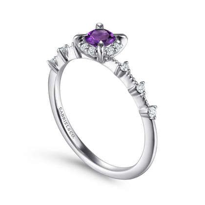 Promise Ring - 14K White Gold Round Amethyst and Diamond Halo Ring