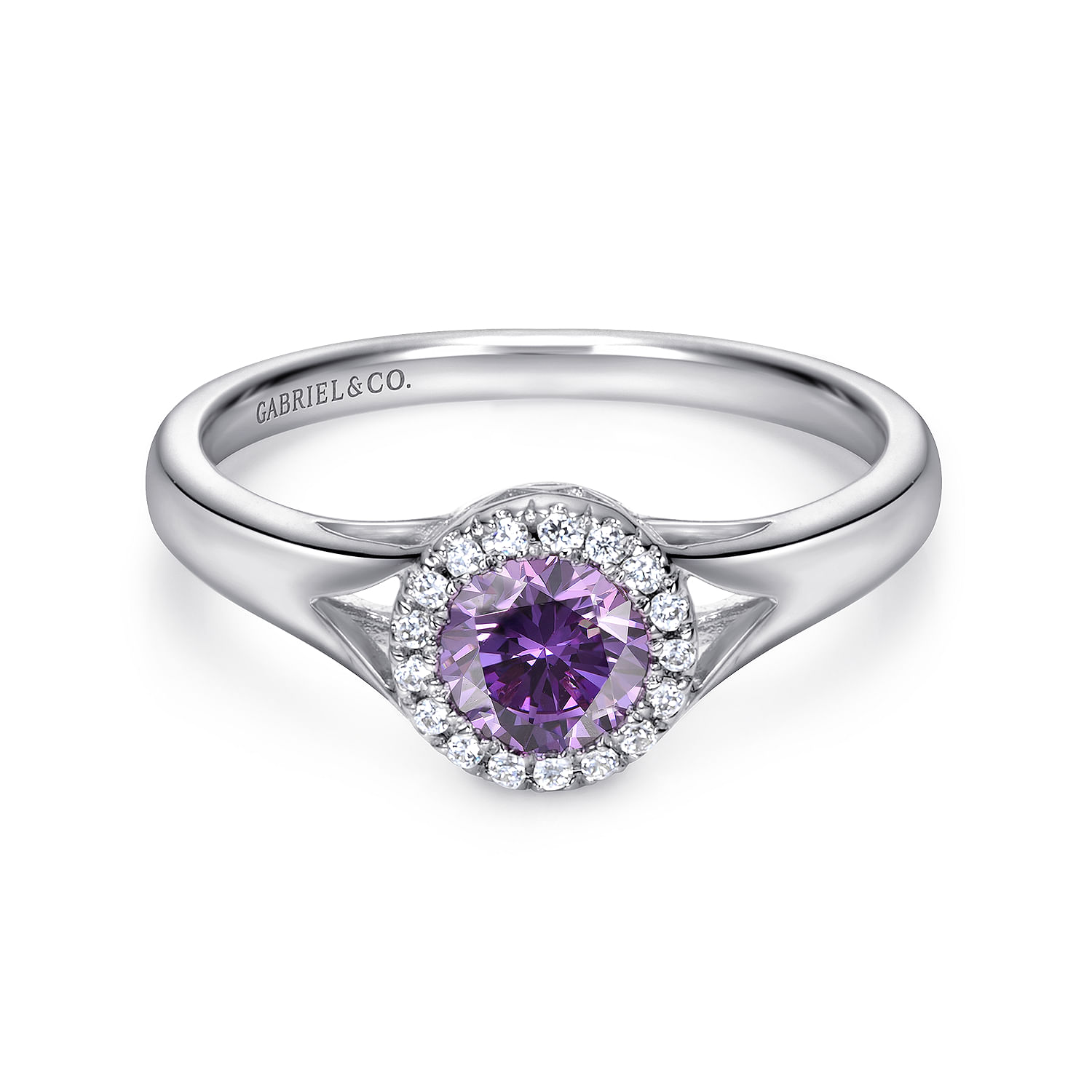 Promise Ring - 14K White Gold Round Amethyst and Diamond Halo Ring