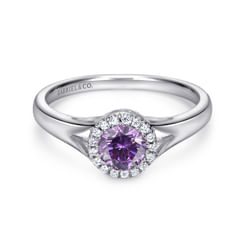 Promise Ring - 14K White Gold Round Amethyst and Diamond Halo Ring
