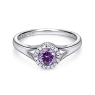Promise Ring - 14K White Gold Round Amethyst and Diamond Halo Ring