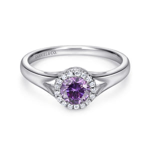 Promise Ring - 14K White Gold Round Amethyst and Diamond Halo Ring