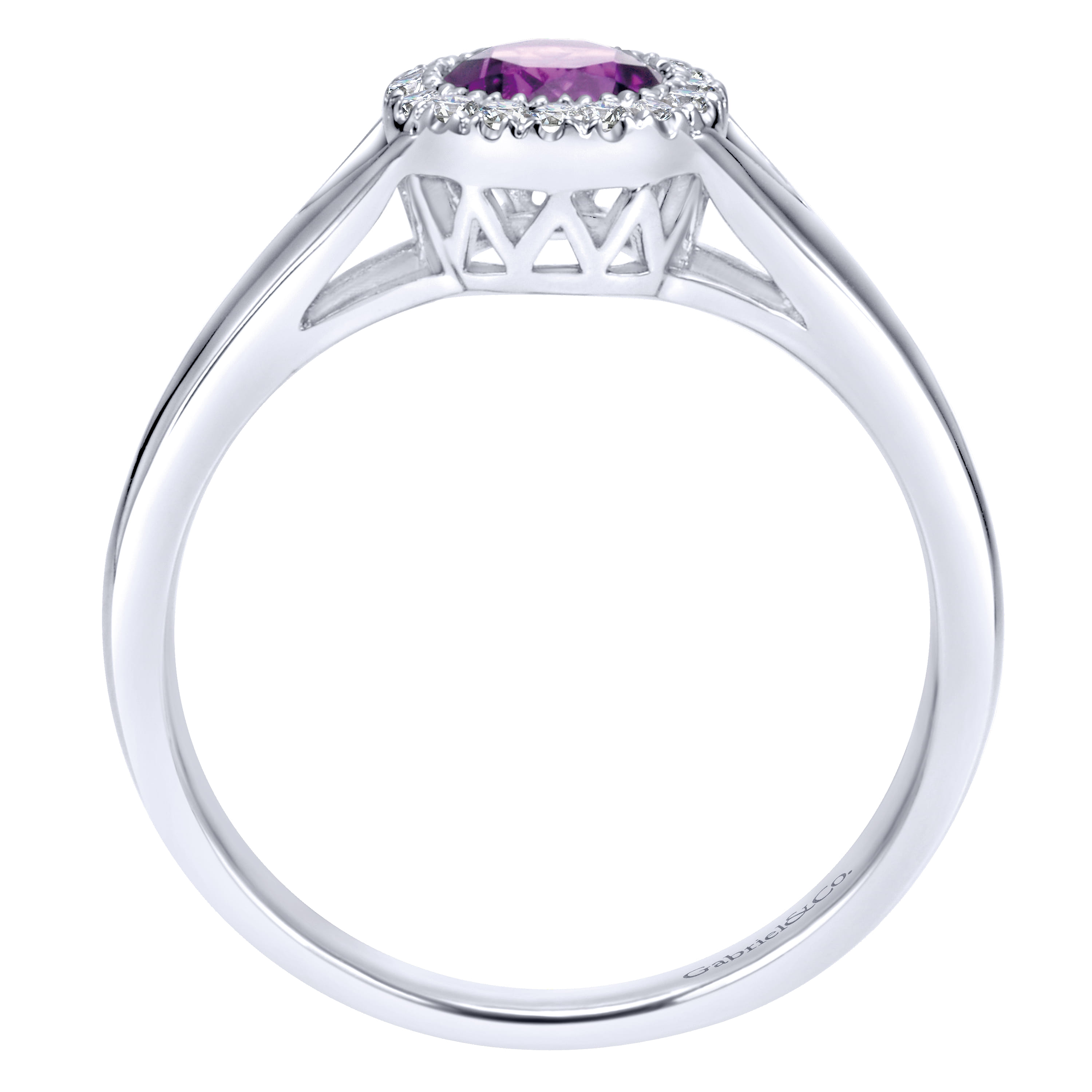 Promise Ring - 14K White Gold Round Amethyst and Diamond Halo Ring