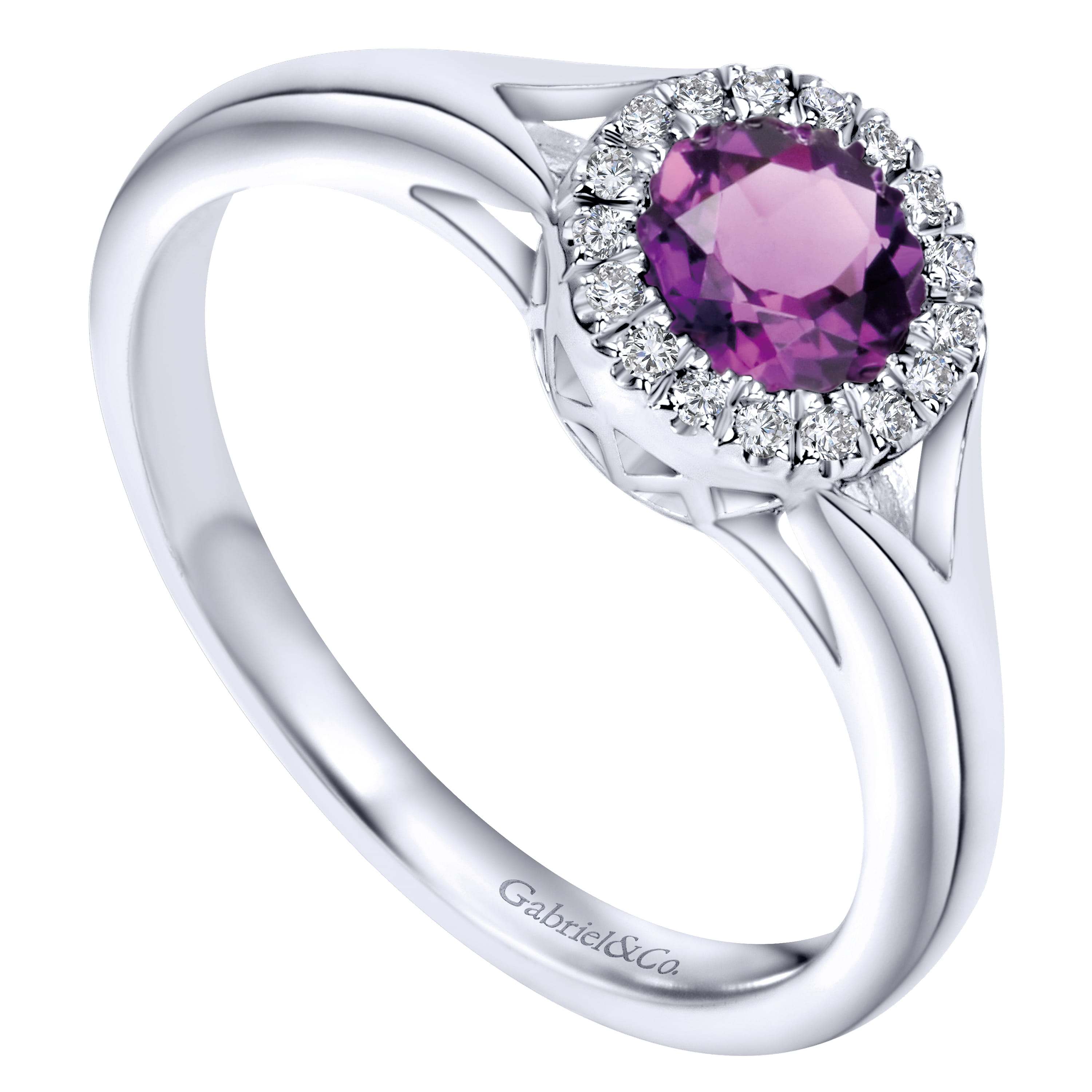 Promise Ring - 14K White Gold Round Amethyst and Diamond Halo Ring