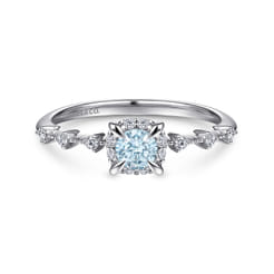 Promise Ring - 14K White Gold Round Aquamarine and Diamond Halo Promise Ring