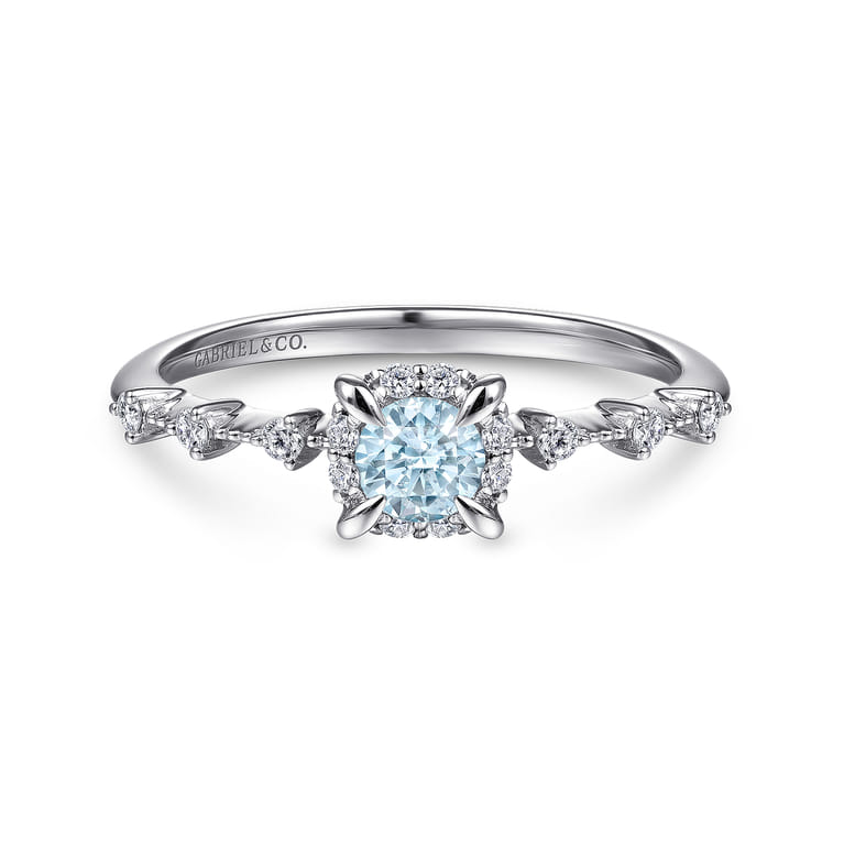 Promise Ring - 14K White Gold Round Aquamarine and Diamond Halo Promise Ring - 0.12 ct - Shot 1