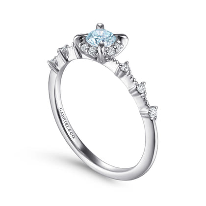 Promise Ring - 14K White Gold Round Aquamarine and Diamond Halo Promise Ring