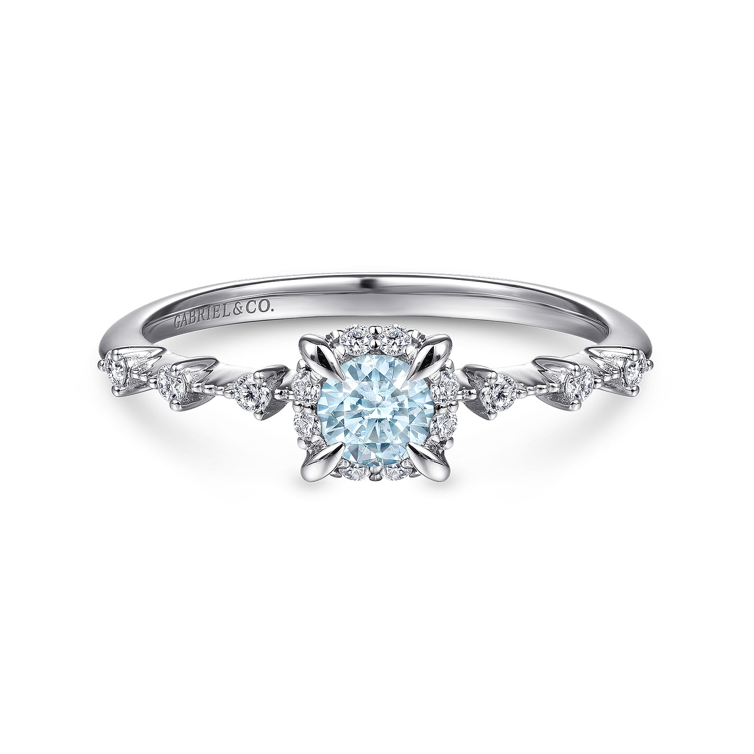 Promise Ring - 14K White Gold Round Aquamarine and Diamond Halo Ring