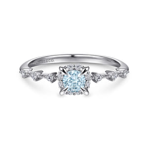 Promise Ring - 14K White Gold Round Aquamarine and Diamond Halo Ring