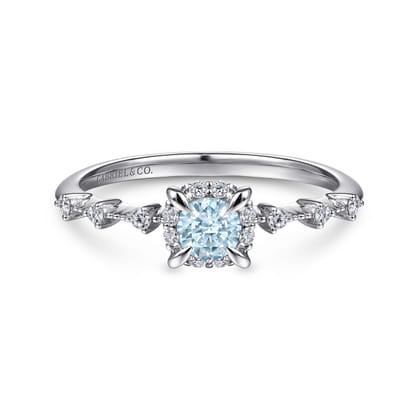 Promise Ring - 14K White Gold Round Aquamarine and Diamond Halo Ring