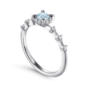 Promise Ring - 14K White Gold Round Aquamarine and Diamond Halo Ring