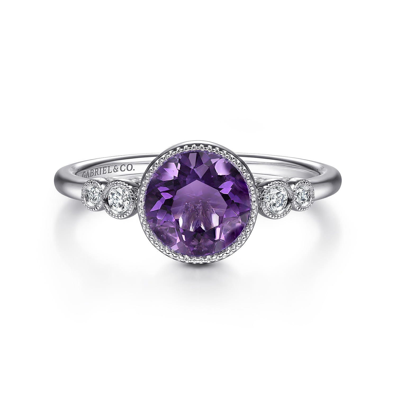 Promise Ring - 14K White Gold Round Bezel Set Amethyst and Diamond Promise Ring - 0.06 ct - Shot 1