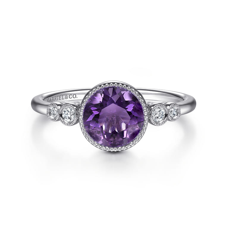 Promise Ring - 14K White Gold Round Bezel Set Amethyst and Diamond Promise Ring - 0.06 ct - Shot 1