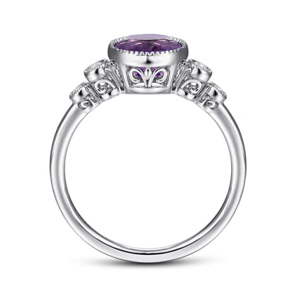 Promise Ring - 14K White Gold Round Bezel Set Amethyst and Diamond Promise Ring