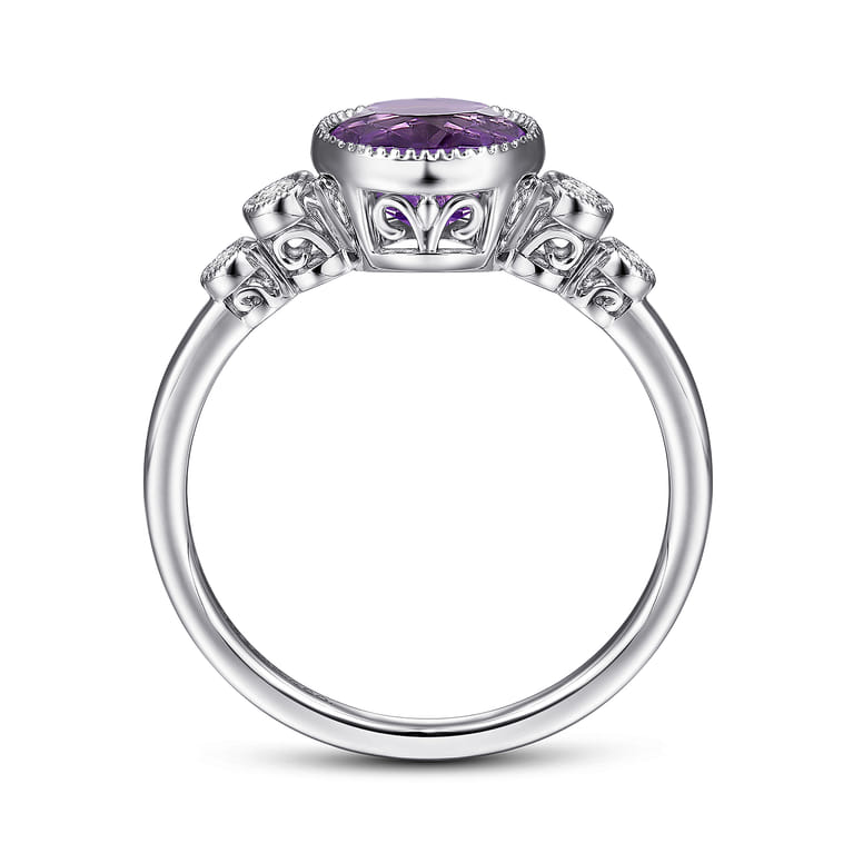 Promise Ring - 14K White Gold Round Bezel Set Amethyst and Diamond Promise Ring - 0.06 ct - Shot 2